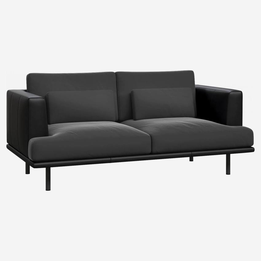 2-Sitzer Sofa aus Samt mit Basis und Armlehnen aus schwarzem Leder - Silbergrau