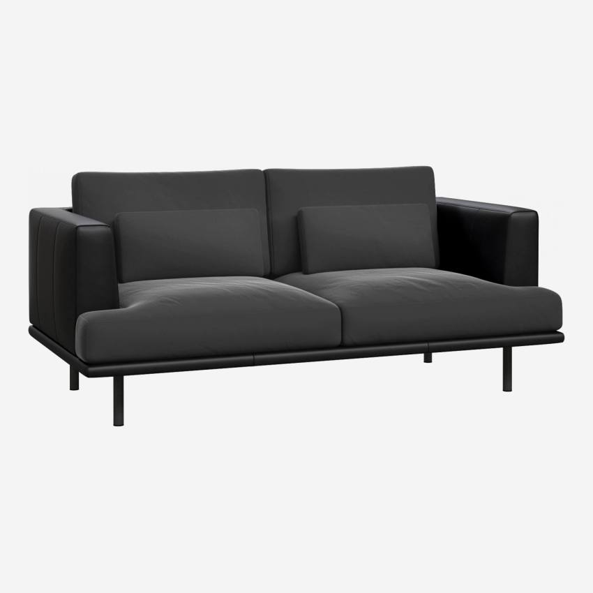2 seater sofa in Super Velvet fabric, silver grey with base and armrests in black leather