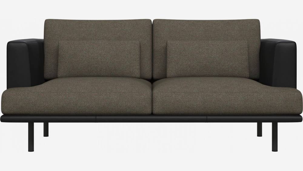 2 seater sofa in Lecce fabric, slade grey with base and armrests in black leather