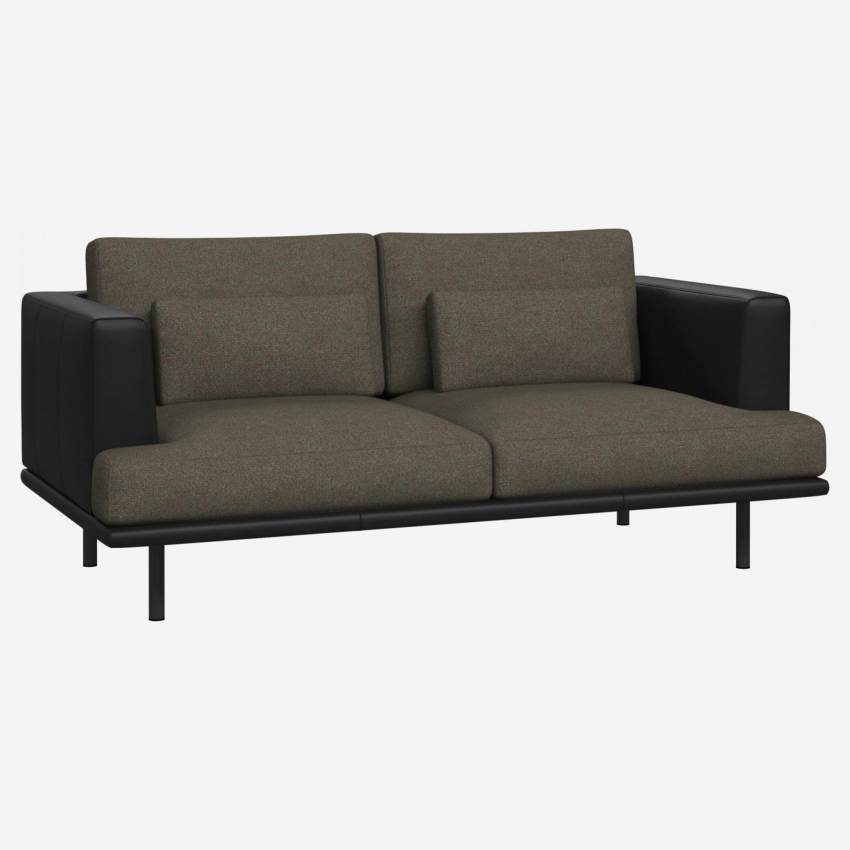 2-Sitzer Sofa aus Lecce-Stoff - Dunkelgrau mit Basis und Armlehnen aus schwarzem Leder
