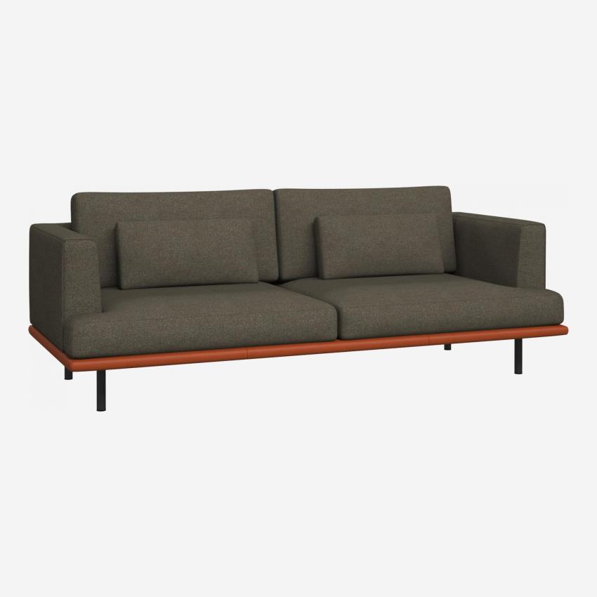 3-Sitzer Sofa aus Lecce-Stoff - Dunkelgrau mit Basis aus braunem Leder