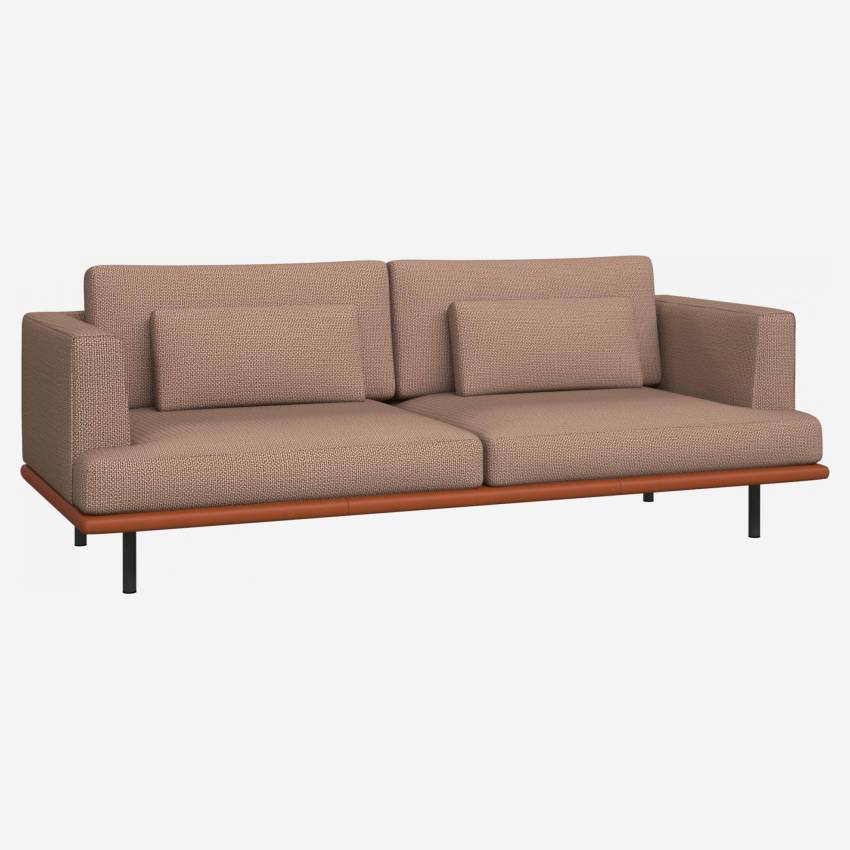 3 seater sofa in Fasoli fabric, jatoba brown with base in brown leather