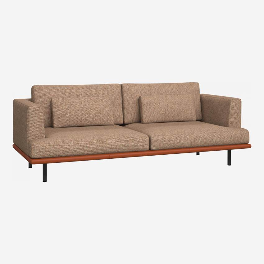 3 seater sofa in Bellagio fabric, passion orange with base in brown leather