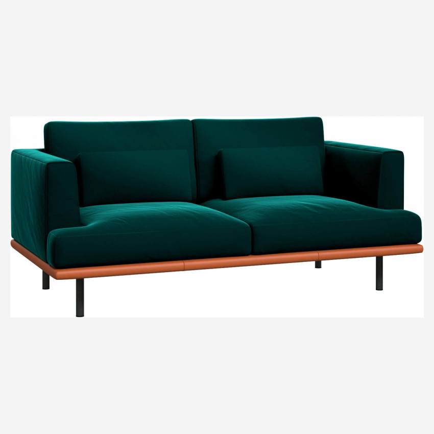 2-Sitzer Sofa aus Samt mit Basis aus braunem Leder - Tannengrün