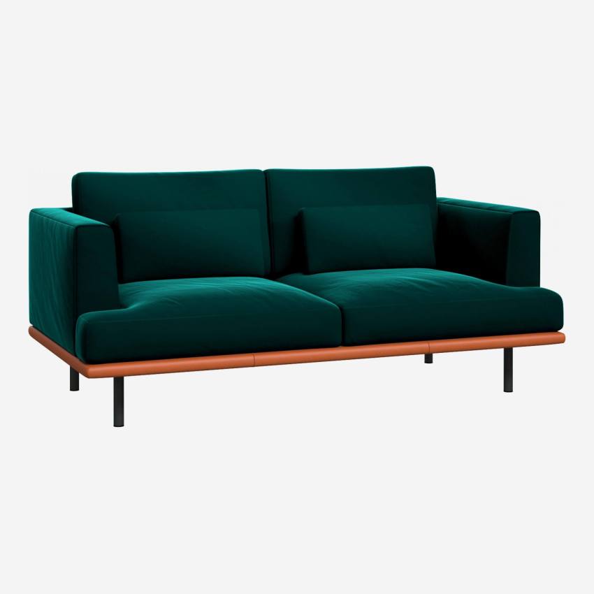 2 seater sofa in Super Velvet fabric, petrol blue with base in brown leather