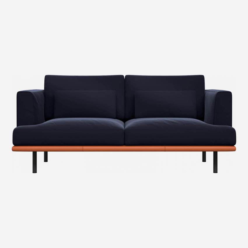2-Sitzer Sofa aus Samt mit Basis aus braunem Leder - Marineblau