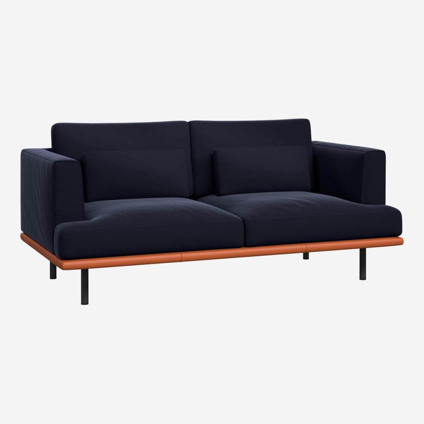 2-Sitzer Sofa aus Samt mit Basis aus braunem Leder - Marineblau
