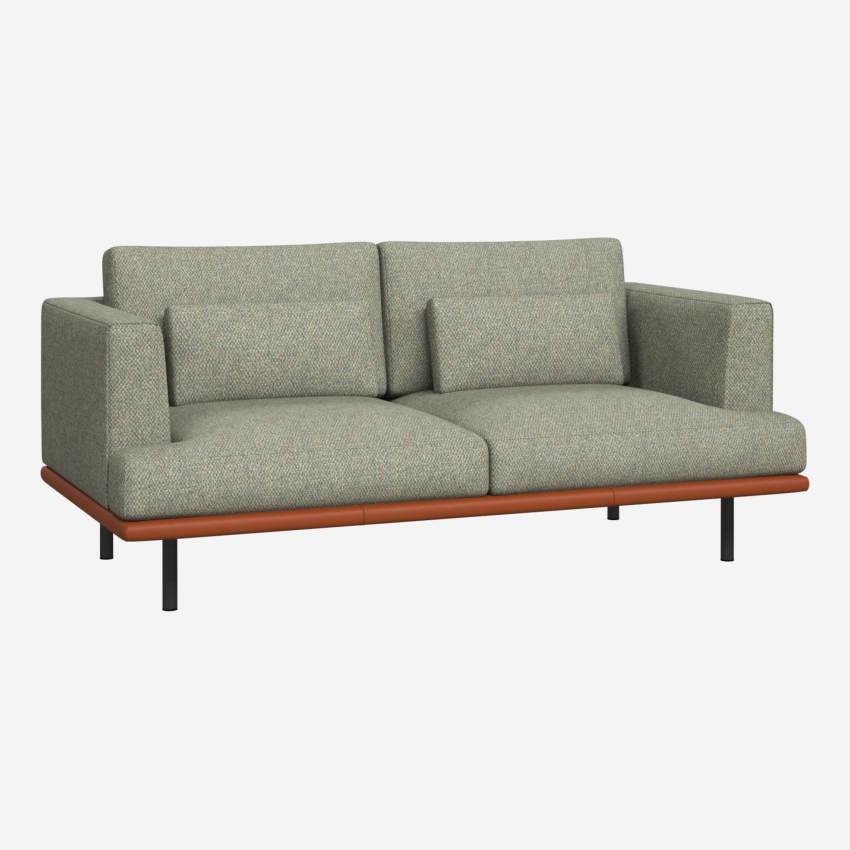 2-Sitzer Sofa aus Stoff Bellagio organic green mit Basis aus braunem Leder