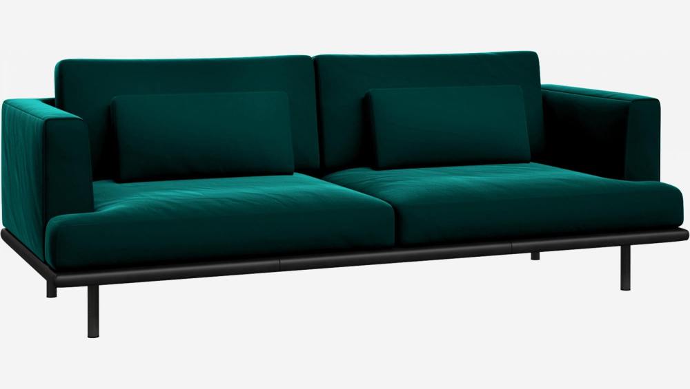 3 seater sofa in Super Velvet fabric, petrol blue with base in black leather