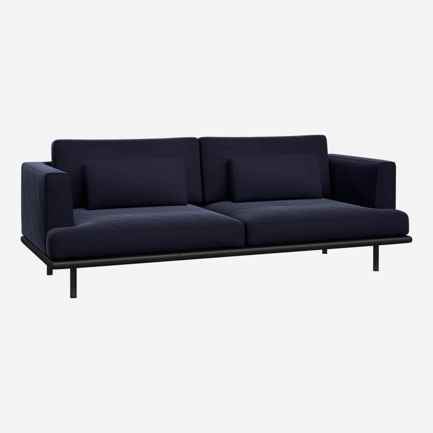 3 seater sofa in Super Velvet fabric, dark blue with base in black leather