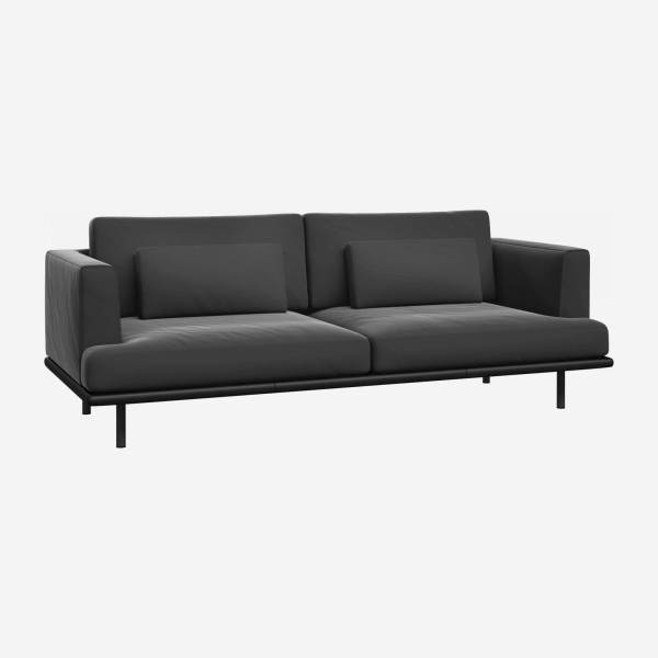 3 seater sofa in Super Velvet fabric, silver grey with base in black leather