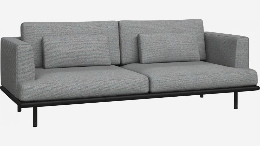 3-Sitzer Sofa aus Lecce-Stoff - Blaugrau mit Basis aus schwarzem Leder