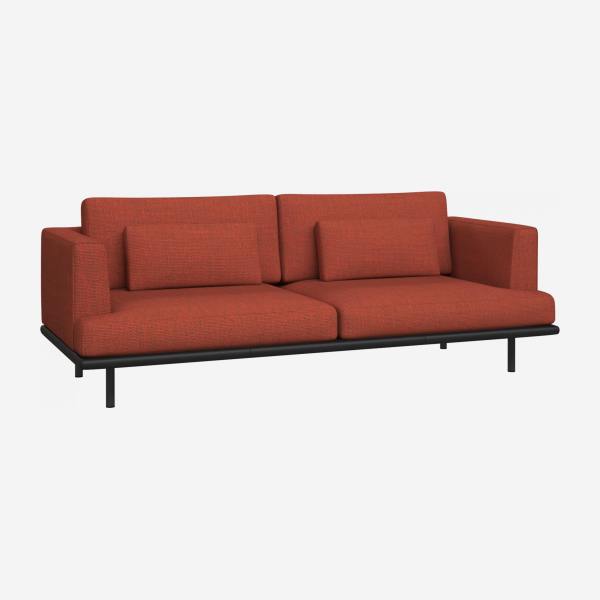 3 seater sofa in Fasoli fabric, warm red rock with base in black leather