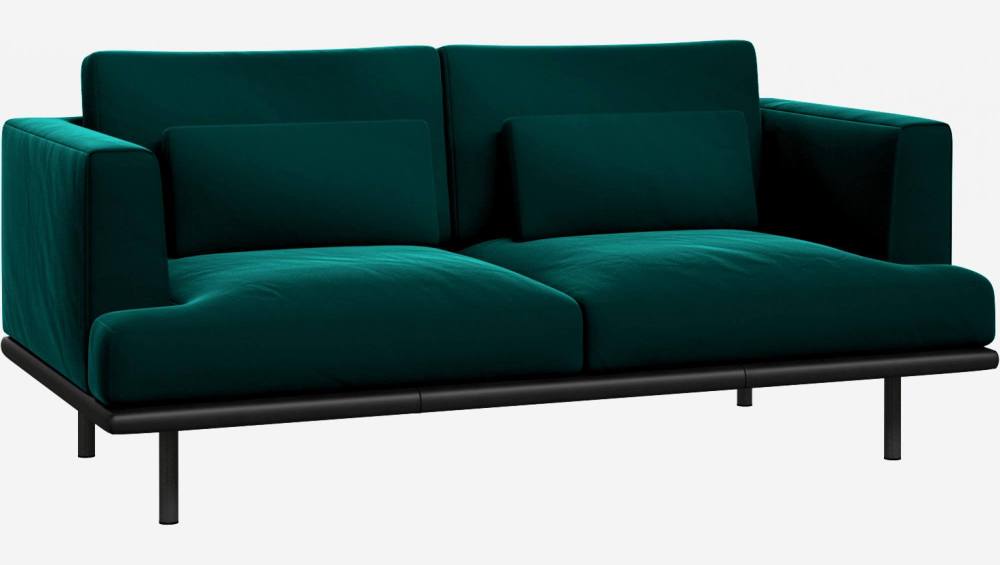 2 seater sofa in Super Velvet fabric, petrol blue with base in black leather