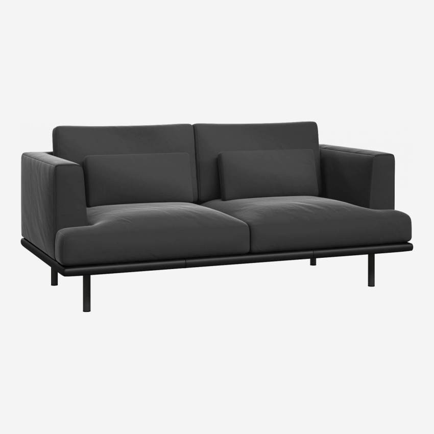 2 seater sofa in Super Velvet fabric, silver grey with base in black leather