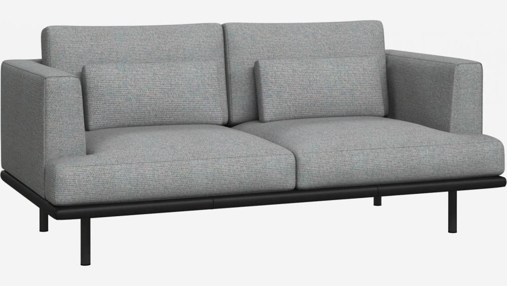 2-Sitzer Sofa aus Lecce-Stoff - Blaugrau mit Basis aus schwarzem Leder