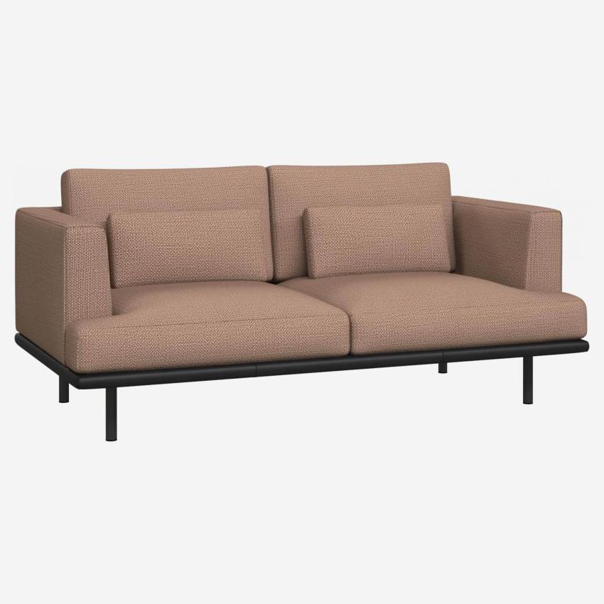 2 seater sofa in Fasoli fabric, jatoba brown with base in black leather
