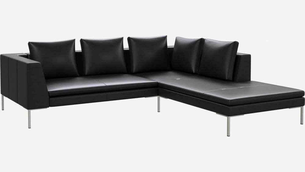 2 seater sofa with chaise longue on the right in Savoy semi-aniline leather, platin black 