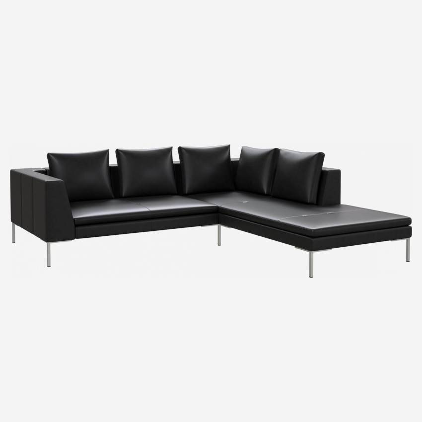 2 seater sofa with chaise longue on the right in Savoy semi-aniline leather, platin black 