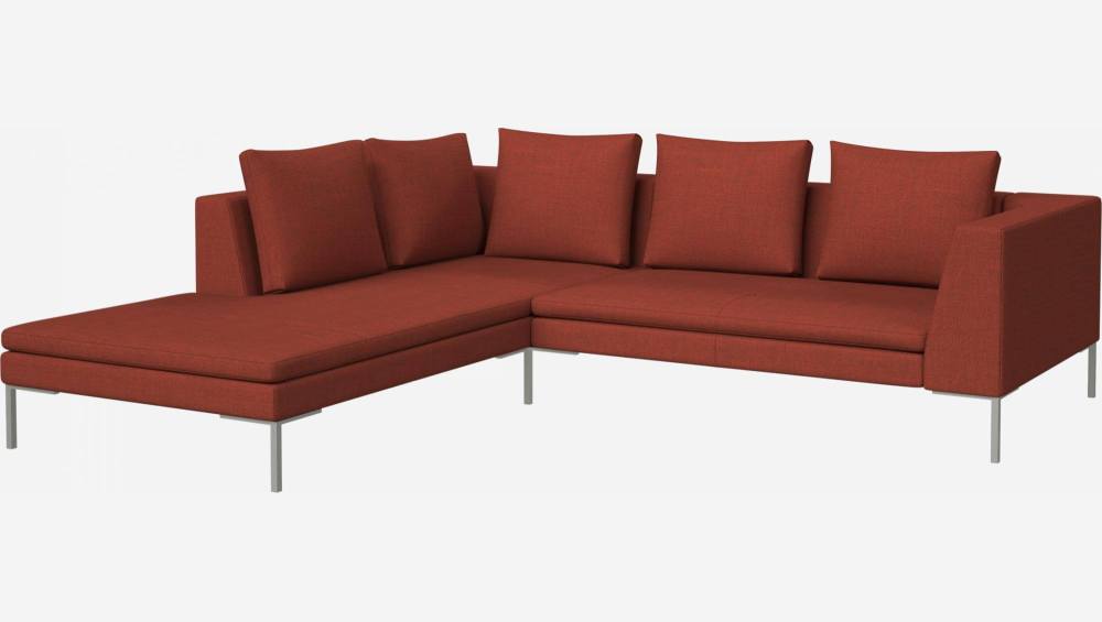 2 seater sofa with chaise longue on the left in Fasoli fabric, warm red rock 