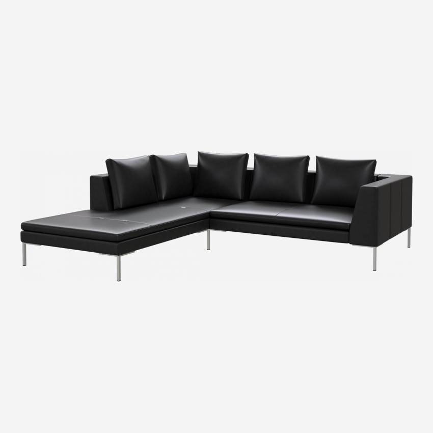 2 seater sofa with chaise longue on the left in Savoy semi-aniline leather, platin black 