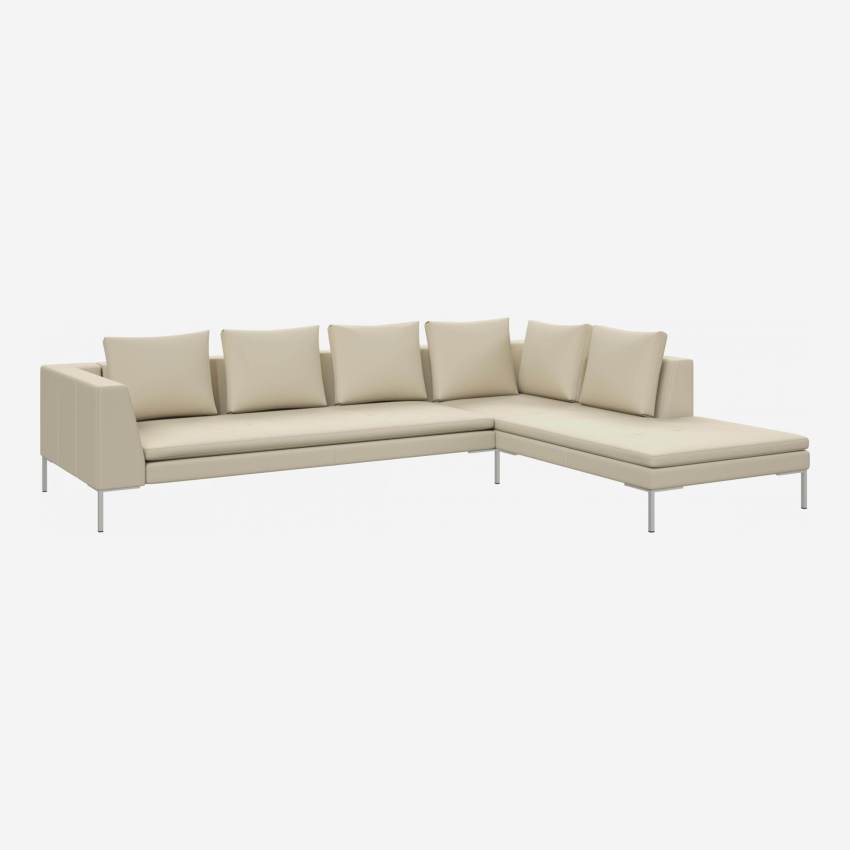 3 seater sofa with chaise longue on the right in Savoy semi-aniline leather, off white 