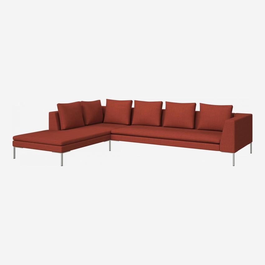 3 seater sofa with chaise longue on the left in Fasoli fabric, warm red rock 