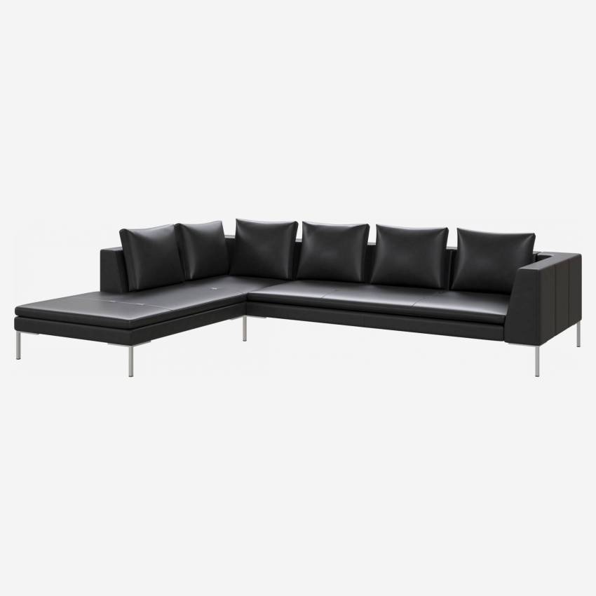 3 seater sofa with chaise longue on the left in Savoy semi-aniline leather, platin black 