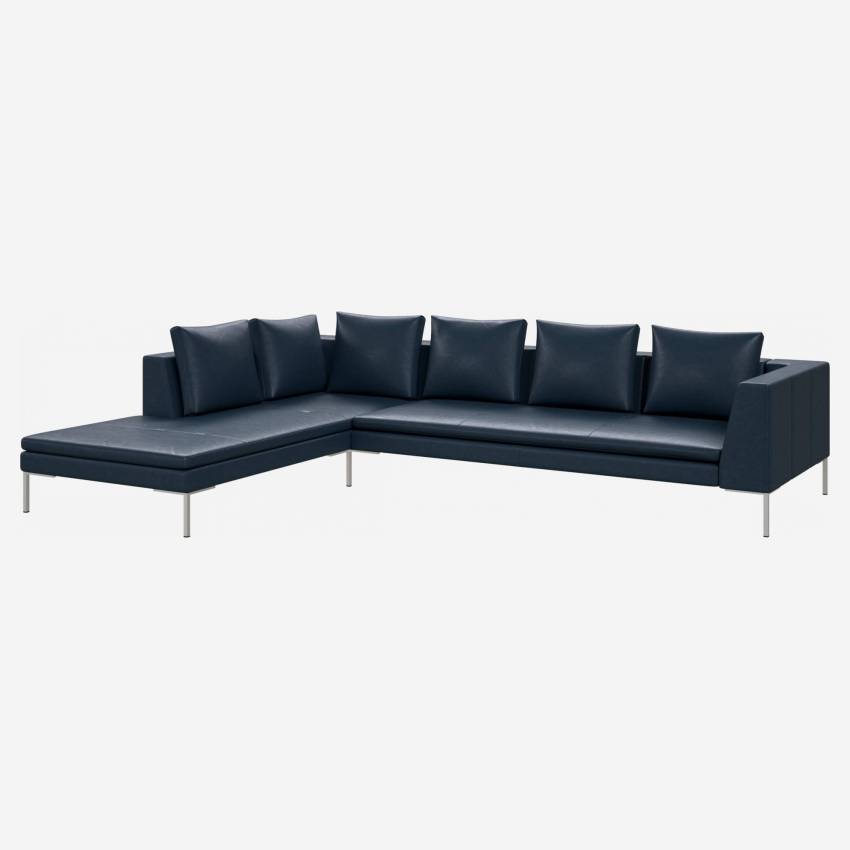 3 seater sofa with chaise longue on the left in Vintage aniline leather, denim blue 