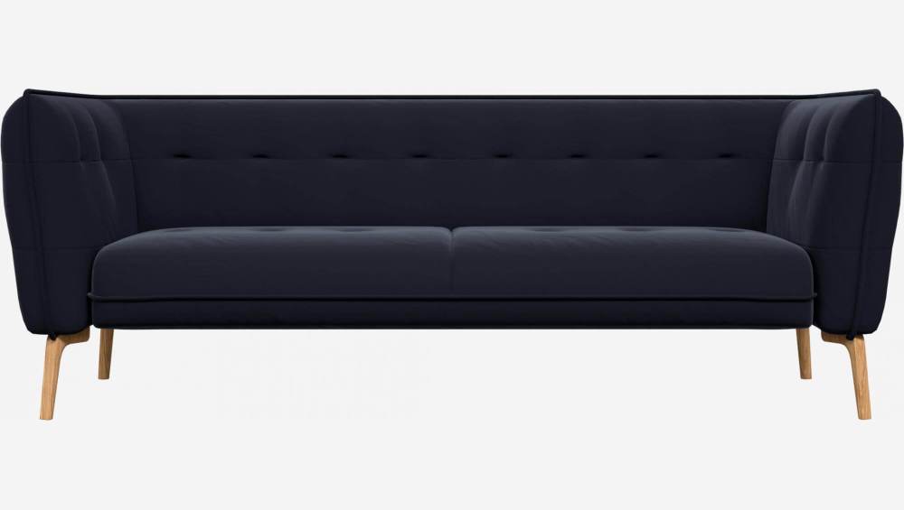 Velvet 3-seater sofa - Navy blue - Oak legs