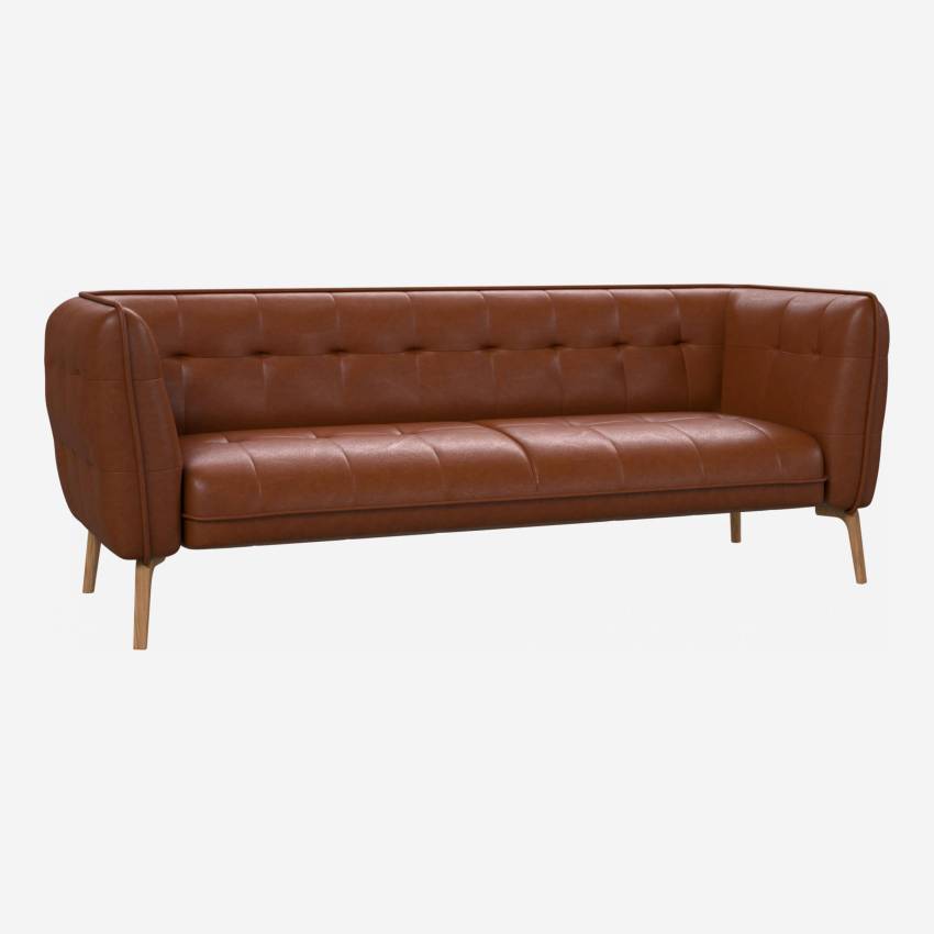 Vintage leather 3-seater sofa - Cognac - Oak legs