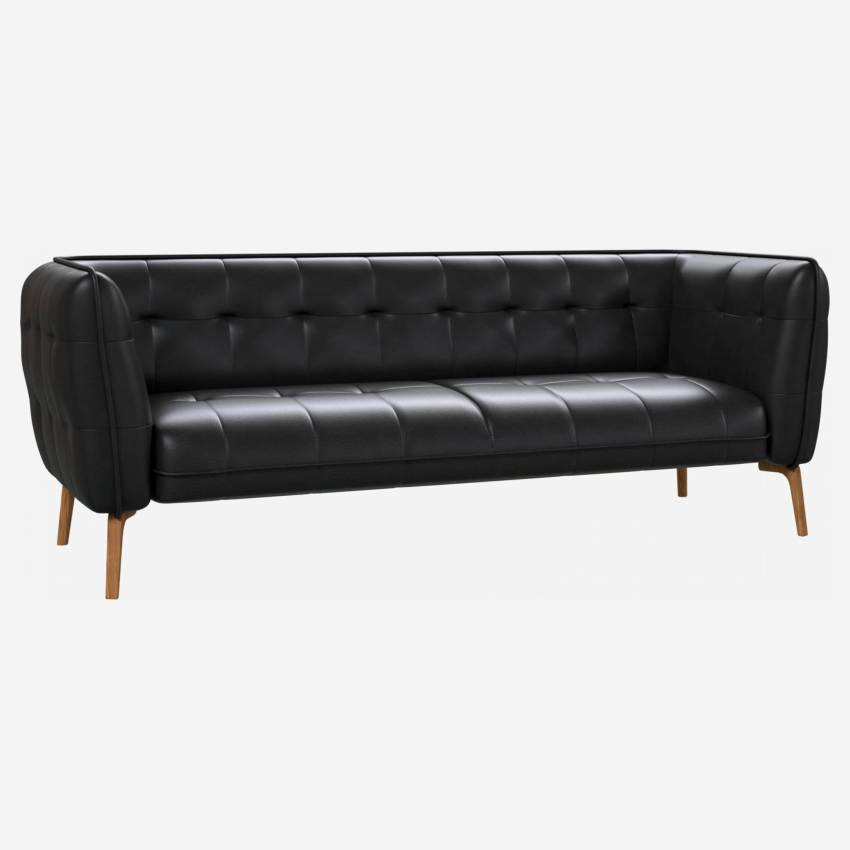 Savoy leather 3-seater sofa - Black - Oak legs