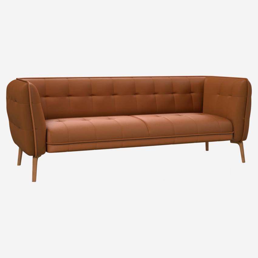 Savoy leather 3-seater sofa - Cognac - Oak legs