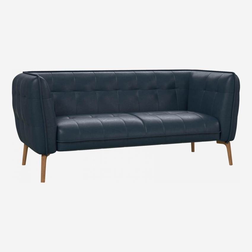 Vintage leather 2-seater sofa - Night blue - Oak legs