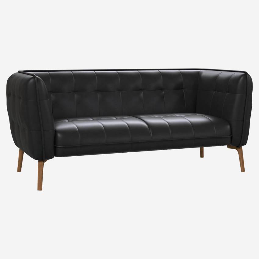 Savoy leather 2-seater sofa - Black - Oak legs