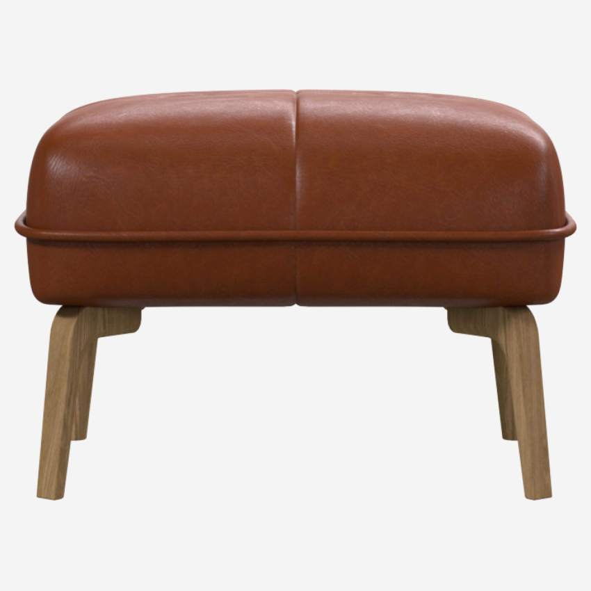 Vintage leather footstool - Cognac - Oak legs