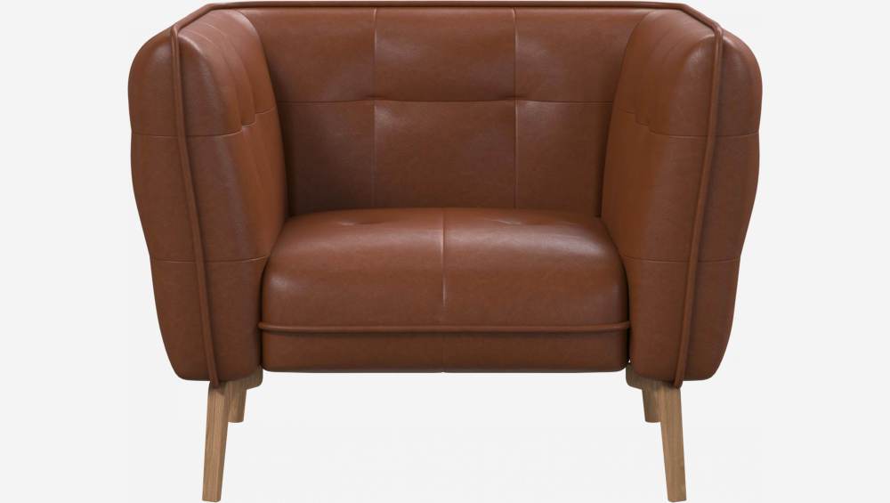 Vintage leather armchair - Cognac - Oak legs