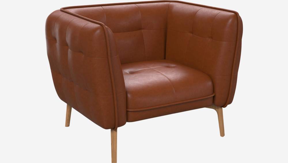 Vintage leather armchair - Cognac - Oak legs