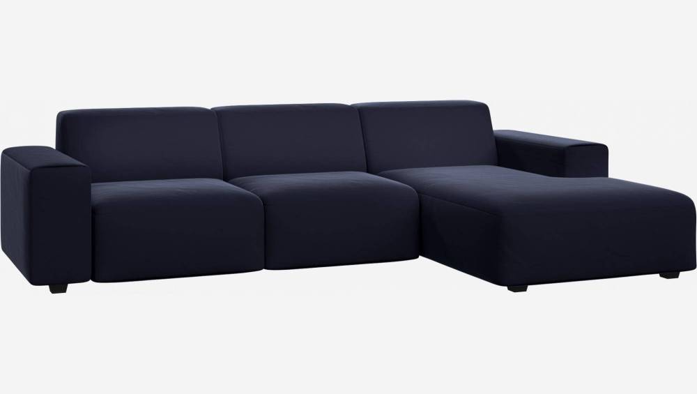 Velvet 3-seater sofa with right chaise longue - Navy blue