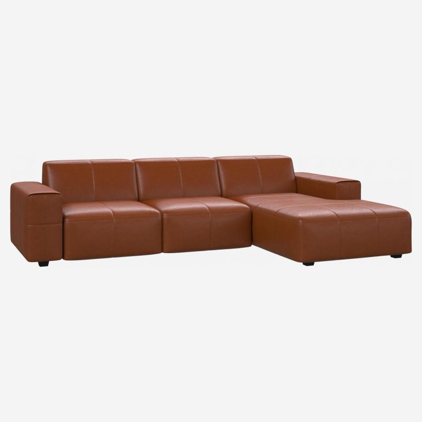 Vintage leather 3-seater sofa with right chaise longue - Cognac