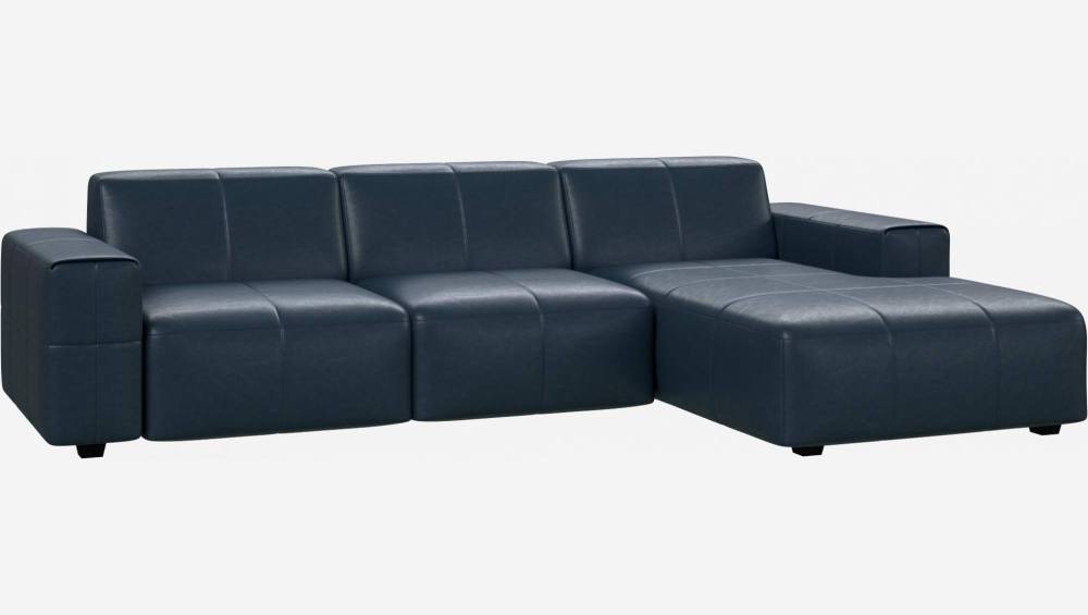Sofá de 3 plazas con chaise longue derecha en piel anilina Vintage Leather denim blue