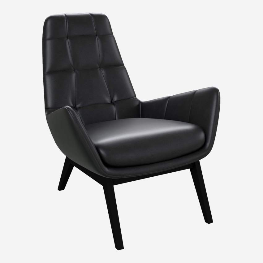 Armchair in Savoy semi-aniline leather, platin black with dark oak legs