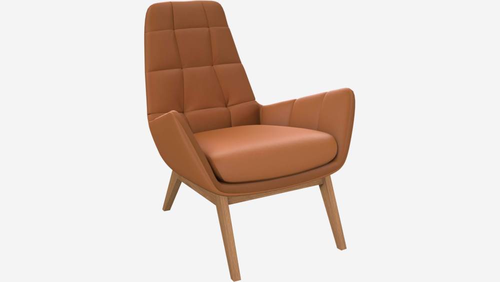 Armchair in Savoy semi-aniline leather, cognac with oak legs