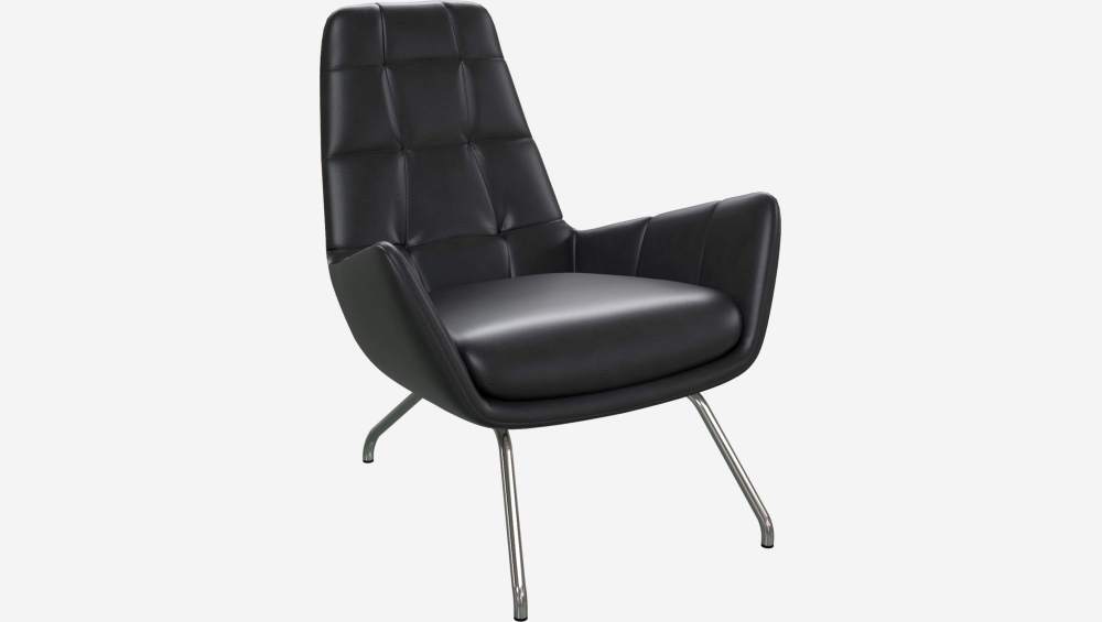 Armchair in Savoy semi-aniline leather, platin black with chromed metal legs
