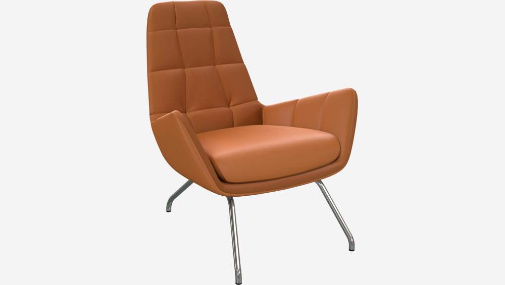 Armchair in Savoy semi-aniline leather, cognac with chromed metal legs