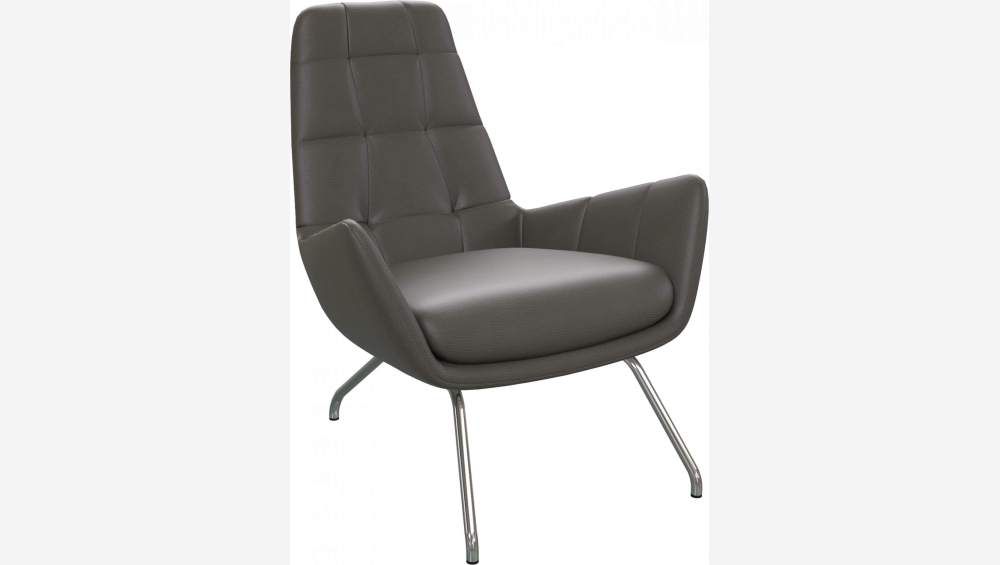 Armchair in Savoy semi-aniline leather, grey with chromed metal legs