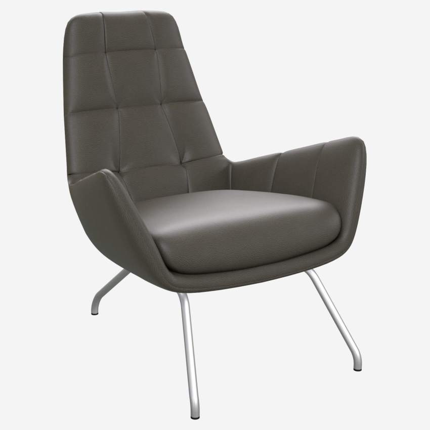 Armchair in Savoy semi-aniline leather, grey with matt metal legs
