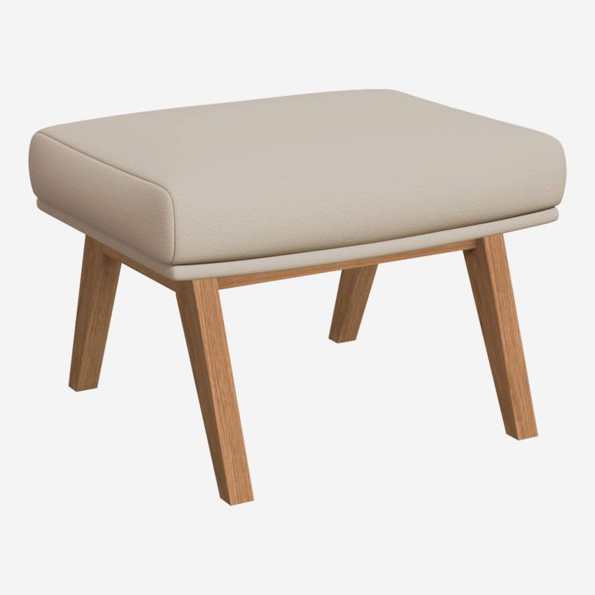 Footstool in Savoy semi-aniline leather, off white with oak legs