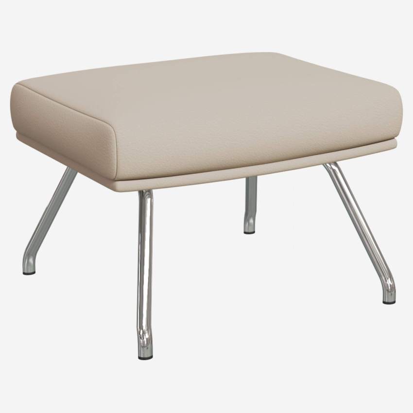 Footstool in Savoy semi-aniline leather, off white with chromed metal legs