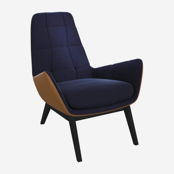 Sessel aus Samt - Marineblau und Vintage-Leder - Schwarze Füße